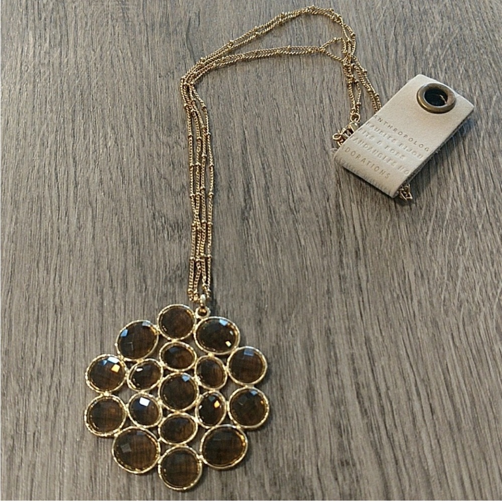 Anthropologie Brown Gold Stone Cluster Necklace Retro 70s Chain Circle Pendant - Picture 7 of 14